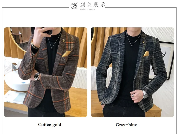 Мужской костюм дизайнерский Корейский мужской клетчатый Блейзер Masculino Slim Fit твид пуговица повседневный мужской Блейзер костюм пальто