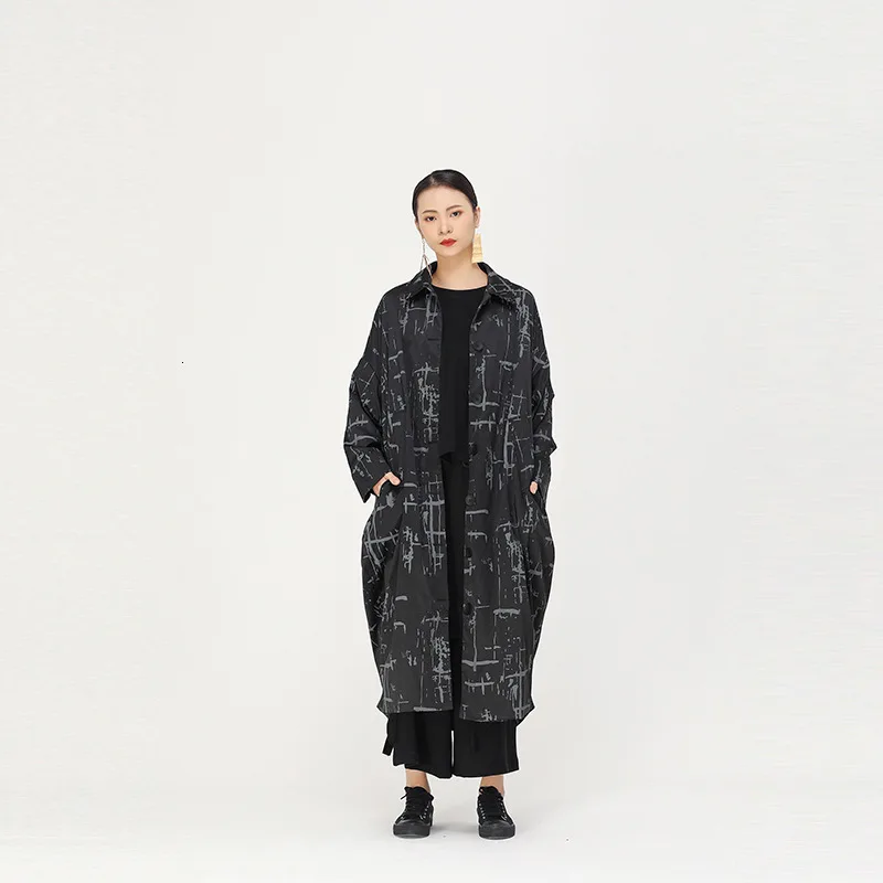 [EAM] Women Pattern Printed Big Size Long Trench New Lapel Long Sleeve Loose Fit Windbreaker Fashion Autumn Winter 1K466