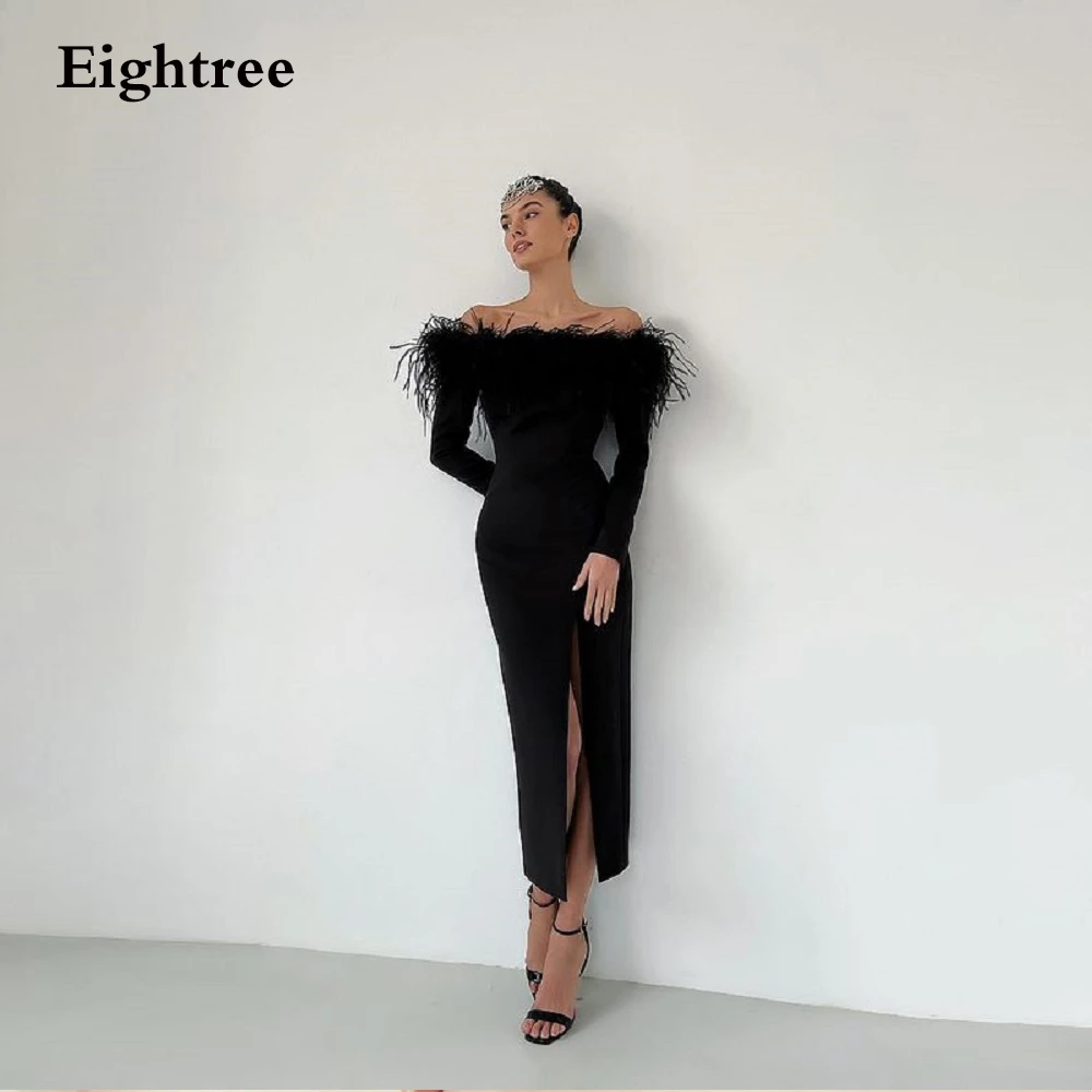 Eightree Black Feather Long Sleeves Evening Party Dresses Off ShouldeSide Split Slit Formal Prom Night Gowns Dress Vestidos white evening dresses