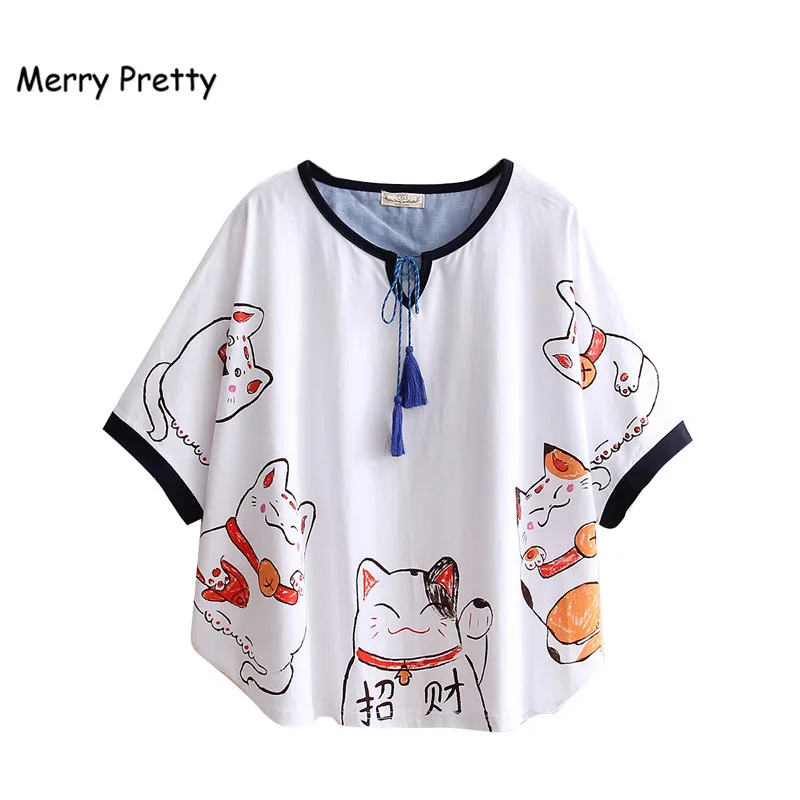 Для женщин с изображением из мультфильма Lucky Cat принт Япония Стиль Harajuku футболки летние шорты с длинным рукавом с О-образным вырезом хлопковые топы футболки Femme Накидки футболка