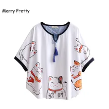 Для женщин с изображением из мультфильма Lucky Cat принт Япония Стиль Harajuku футболки летние шорты с длинным рукавом с О-образным вырезом хлопковые топы футболки Femme Накидки футболка