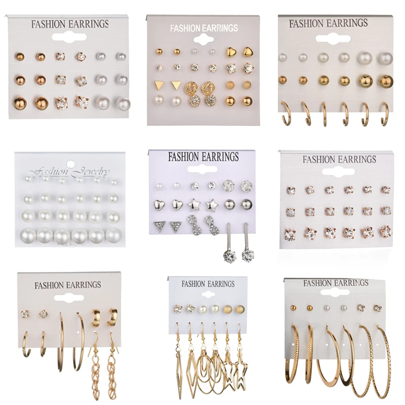 

12 Pair/Set Crystal Heart Flowers Stud Earrings Set 2019 Rhinestone Imitation Pearl Earrings for Women Girls Gift Jewelry
