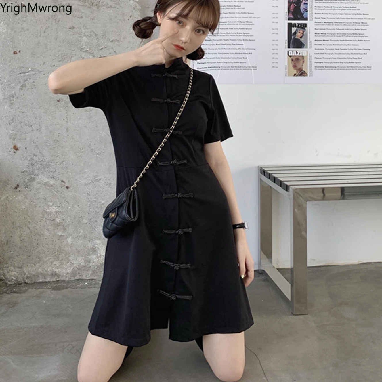 

Sexy Korean Japanese Women Lolita Summer Short Sleeve Cotton Cheongsam Button High Waist Loose Dress Gothic Harajuku Solid Black