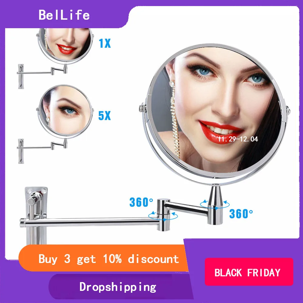 

Cosmetic Double-sided 1x 5x Magnifying Mirrors Chrome Round Wall Cosmetic Mirror Foldable Vanity Mounted Bathroom Toilet Mirror