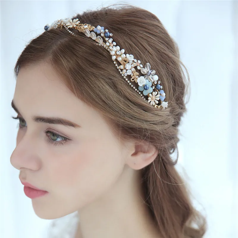 

Delicate Floral Tiara Gold Color Bridal Hair Crown Pearls Wedding Jewelry Handmade Rhinestone Women Hairband