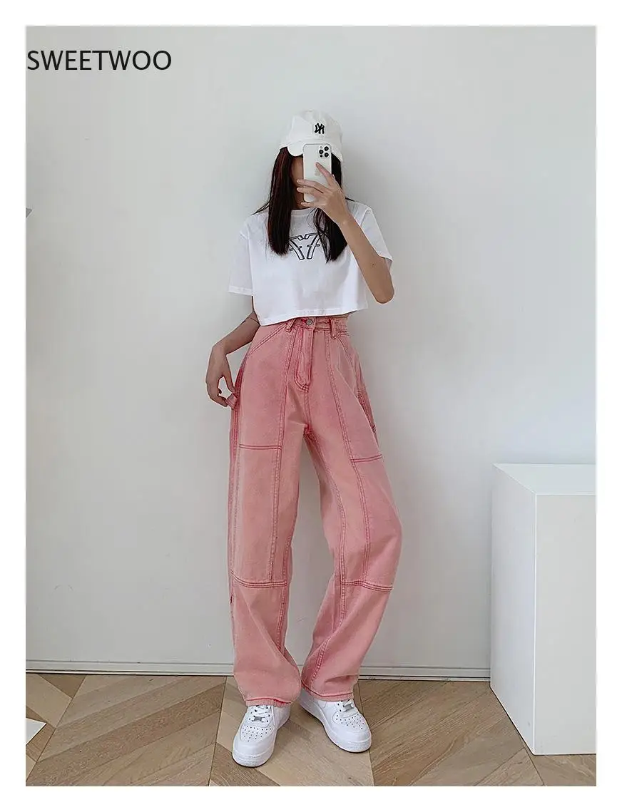 Pink Jeans Women's Summer 2021 Korean Version of The Retro High-Waisted Thin Loose Casual Straight Wide-Leg Long Pants