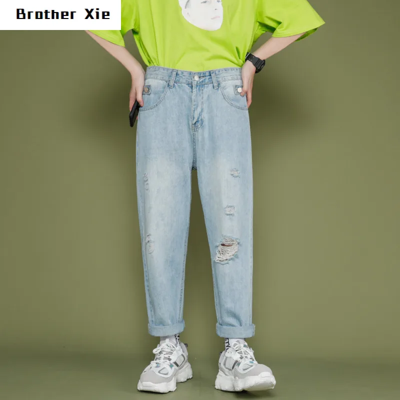 

Shattered Jeans Men's Fashion Washed Solid Color Casual Jeans Pants Man Streetwear Wild Loose Hip Hop Denim Trousers Mens S-XL