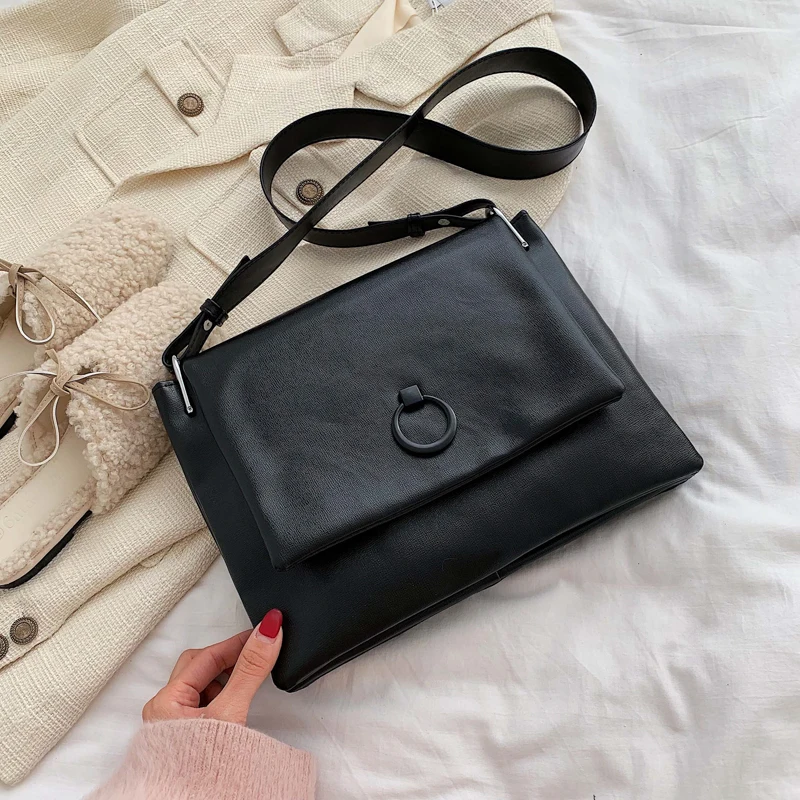 

Solid color leather shoulder bag 2019 winter new Messenger bag ladies big shopping bag soft leather handbag fashion wallet