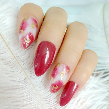 

24Pcs Glitter Gold Blooming Gradient Artificial False Nails Wine Red Short Stiletto Fake Nails With Design DIY Manicure Tools