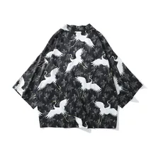 Лето Весна мужской японский стиль кимоно Харадзюку черный принт журавль Повседневная рубашка хип хоп кимоно кардиган