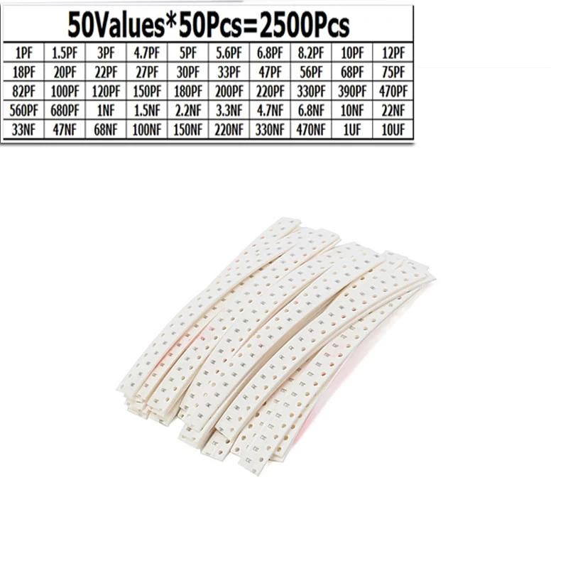 2500Pcs 0805 SMD Chip Multilayer Ceramic Capacitor 50 Values*50Pcs 1PF-10UF Samples Kit Electronic Diy Kit 50pcs 10uf ±10% 50v x5r 0805 106k error smd thick film chip multilayer ceramic capacitor