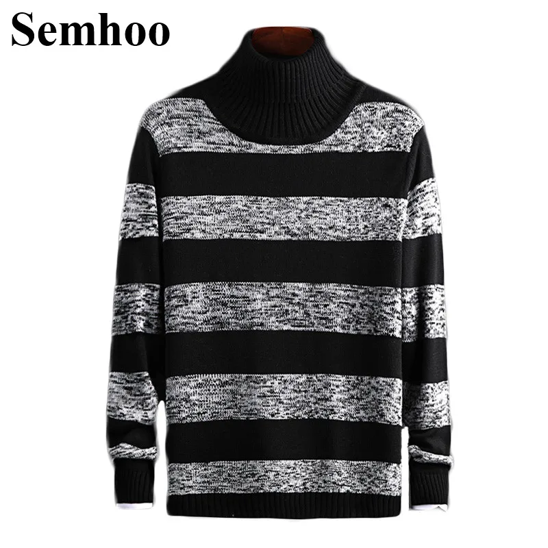 

New Thick Section O-neck Pullover Mens Sweaters For 2019 Business Casual Striped Long Sleeve Half-high Collar Winter Men Sweater