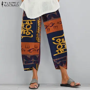 

Vintage Printed Pants Women Summer Cropped Tousers ZANZEA Casual Elastic Waist Long Pantalon Palazzo Female Harem Pant Plus Size