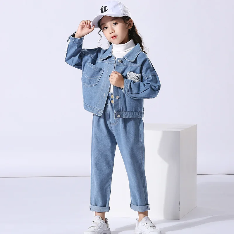 

Girl set new girls Suit spring Autumn big Child lace long sleeve Jacket jeans children's cowboy 2pcs Clothes
