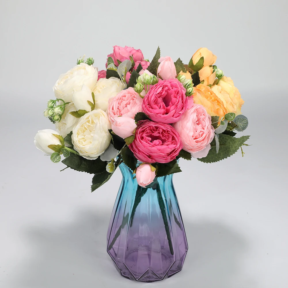 2 шт./лот искусственные розы шелковые пионы для свадебного декора Букет из искусственных цветов 5 цветок головы и 4 бутона искусственные цветы