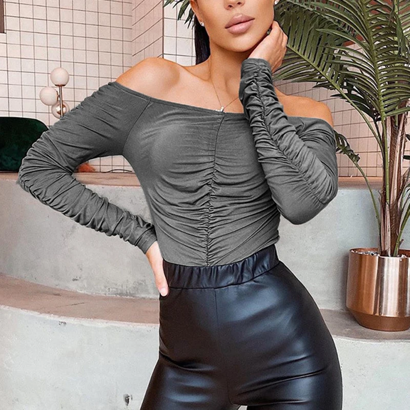 Sexy Off Shoulder Elegant Bodysuits One Piece Women's Rompers Casual Bodycon Long Sleeve Pleated Playsuit Tops Streetwear Female plus size bodysuit