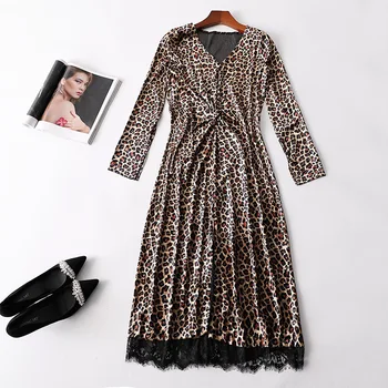 

New women s spring 222267 sets v neck long sleeves and long leopard lace dress