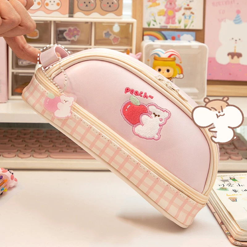 Kawaii bear pencil case ins Japanese Korean stationery girl heart large  capacity pencil case kawaii makeup pencil pouch