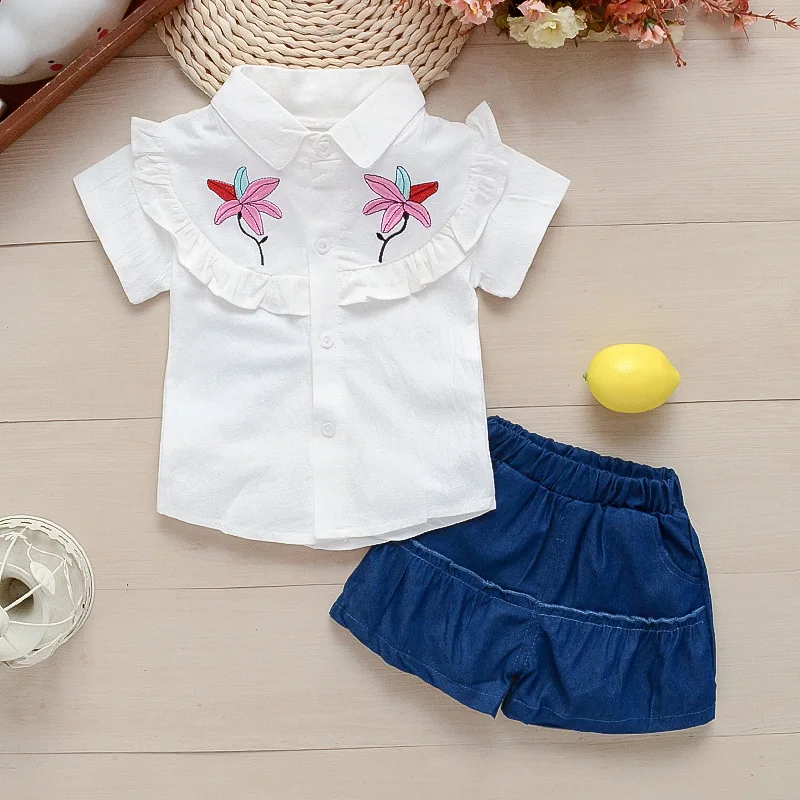 Girls Summer Clothing Set Fashion Cotton Short Sleeve Shirts+shorts