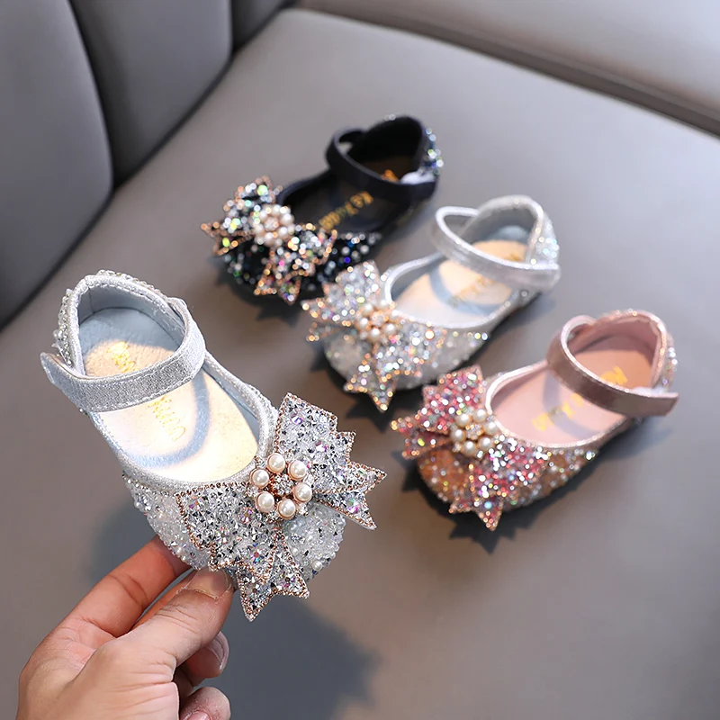 Spring Girls Princess Rhinestone Leather Shoes 2022 New Children Bow Single Shoes Baby Flats Performance Dance Shoes