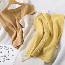 Sueter mujer осенняя одежда в Корейском стиле вязаный жилет vrouwen сплошной цвет v-образным вырезом без рукавов повседневный свободный свитер кардиган