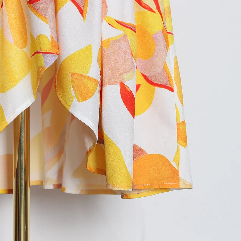 TWOTWINSTYLE Casual Print Dress Women V Neck Lantern Long Sleeve High Waist Ruffles Asymmetrical Dresse For Female Fashion Tide