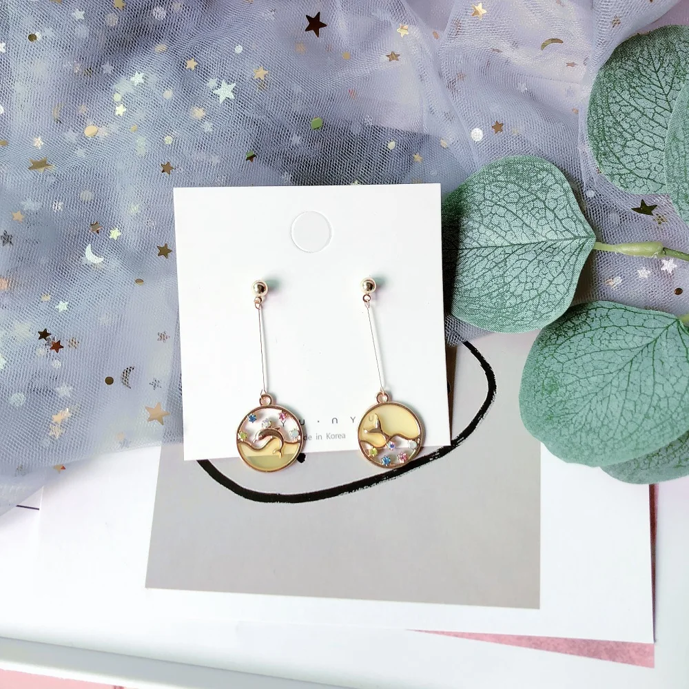

SQUERIM Korean Japan Simple Round Hollow Rhinestone Dolphin Charm Drop Earrings for Women Student Girl