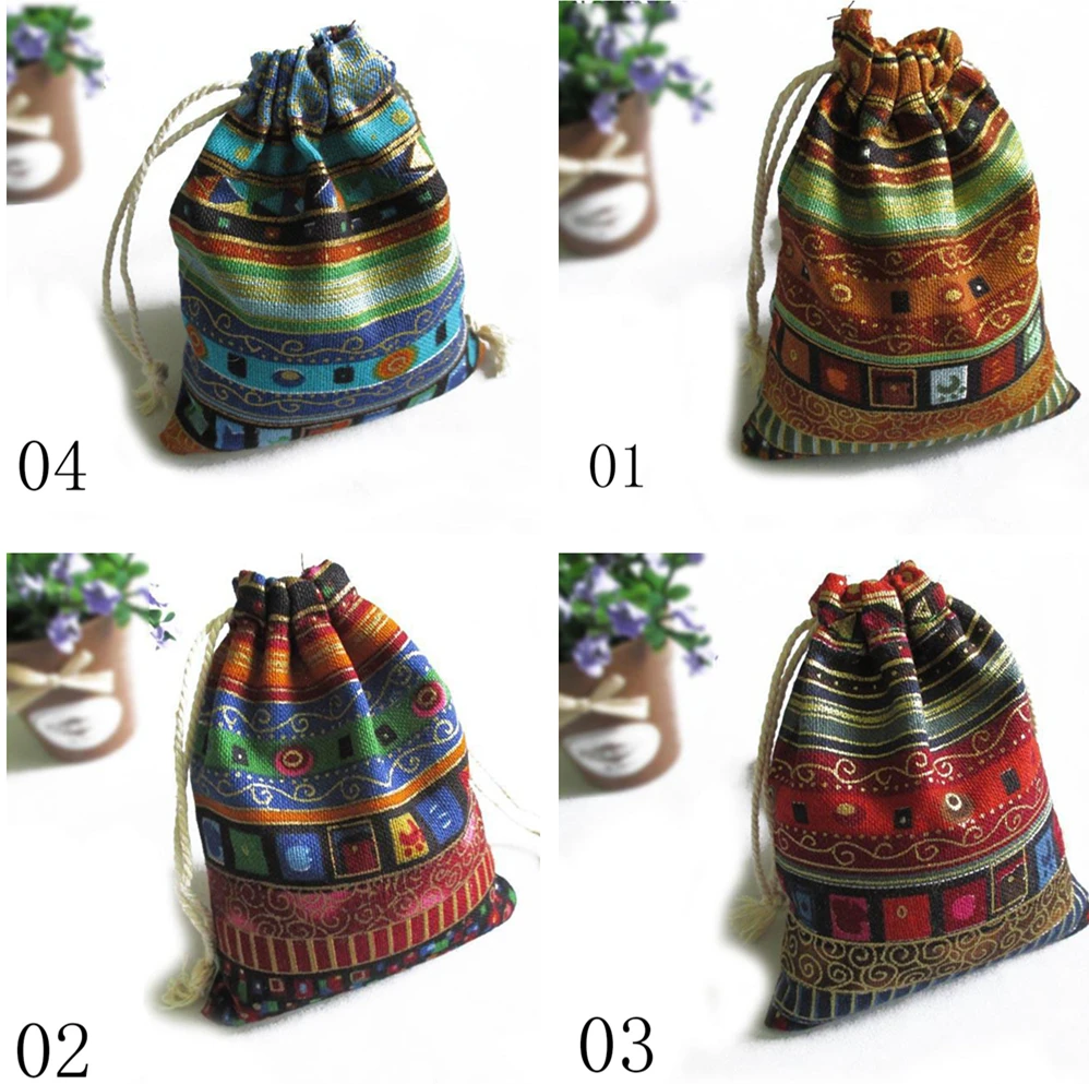 3Pcs Cotton Gift Bags Multicolor Tribal Tribe Drawstring Jewelry Bags Pouches Package Storage Chinese Ethnic Style