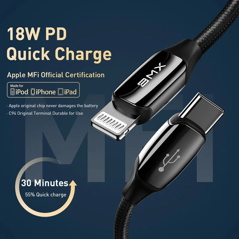 BMX MFi USB C к Lightning Кабель для iPhone XR XS Max USB кабель PD 18 Вт Кабель для быстрой зарядки для iPhone 11 Pro Max зарядный кабель