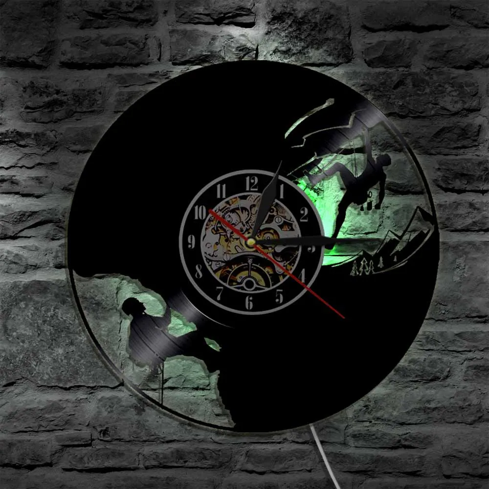 

Rock Climbing Silhouette LED Wall Lamp Vintage Vinyl Record Wall Clock Mountain Climbing Extreme Sport Wall Watch LED Night Lamp