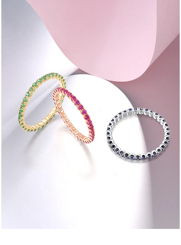 VISTOSO Pure 14K White/Rose/Yellow Gold Ring For Women Blue Sapphire/Ruby/Emerald Simple Style Eternity Ring Gift Fine Jewelry