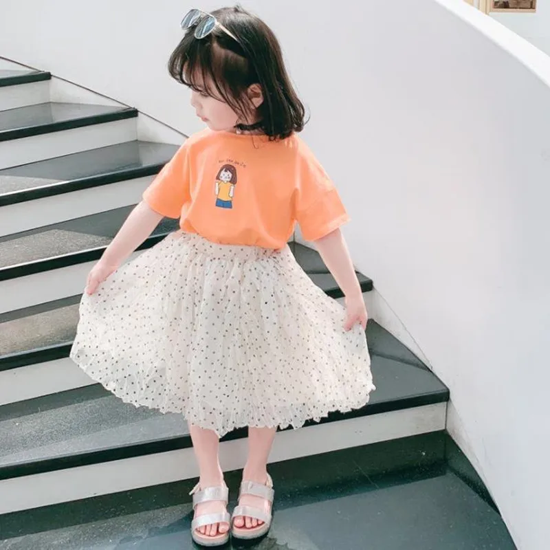 

DFXD New Summer Toddler Girl Skirt Set Korean Style 2PC Outfit Set Cotton Short Sleeve Print T-shirt Dot Pleated Skirt For 2-7T