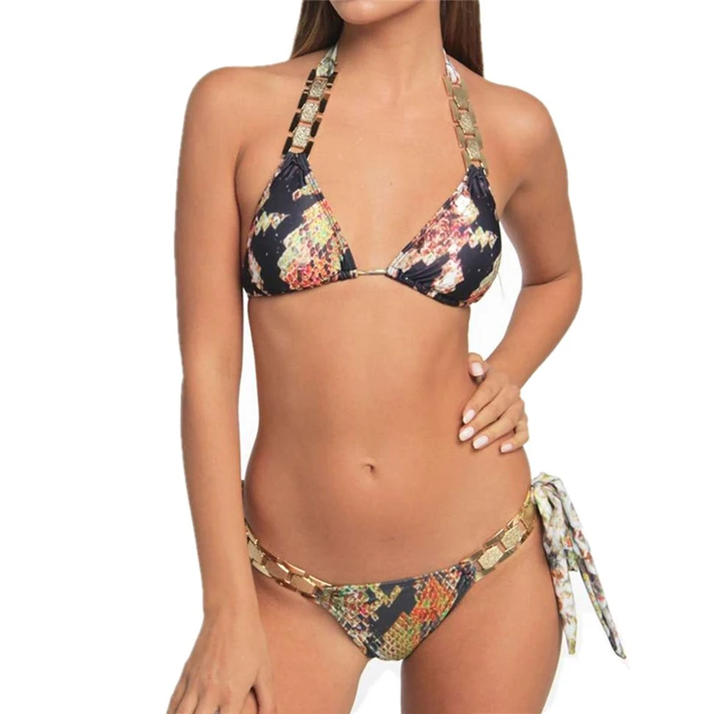 

2019 Bikini snake print sexy backless metal accessories bikini Women's High-end Swimwear Women's Swimwear