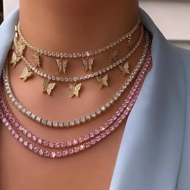 16" Pink cz tennis necklace with cross pendant for women gold rose gold pinky cz girl women hip hop jewelry