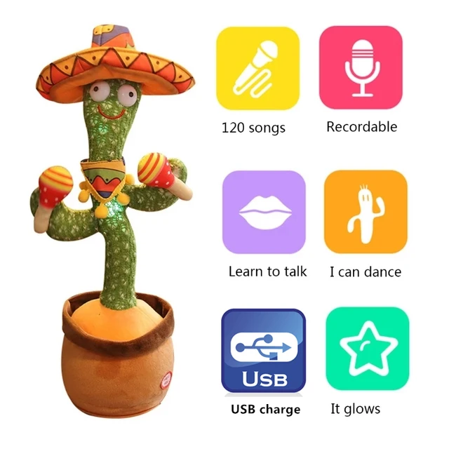 Dancing Cactus 120 Song Speaker Talking USB Charging Voice Repeat plush Cactu Dancer toy talk Plushie Stuffed toys for Baby Girl 3