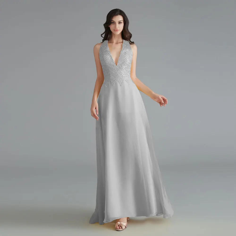 Красивые кружевные платья подружки невесты с v-образным вырезом и бусинами, модель года, шифоновое платье без рукавов для свадебной вечеринки, платье с открытой спиной, Vestido de dama de honor - Цвет: Silver