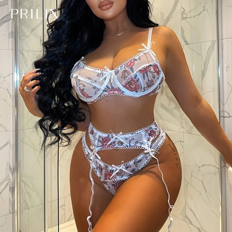 PRILIN Conjunto de lencería Sexy para mujer, con liguero, con lazo de estampado Floral, sujetadores con aros, bragas ropa interior erótica Sensual tentación|Conjuntos de lencería| - AliExpress