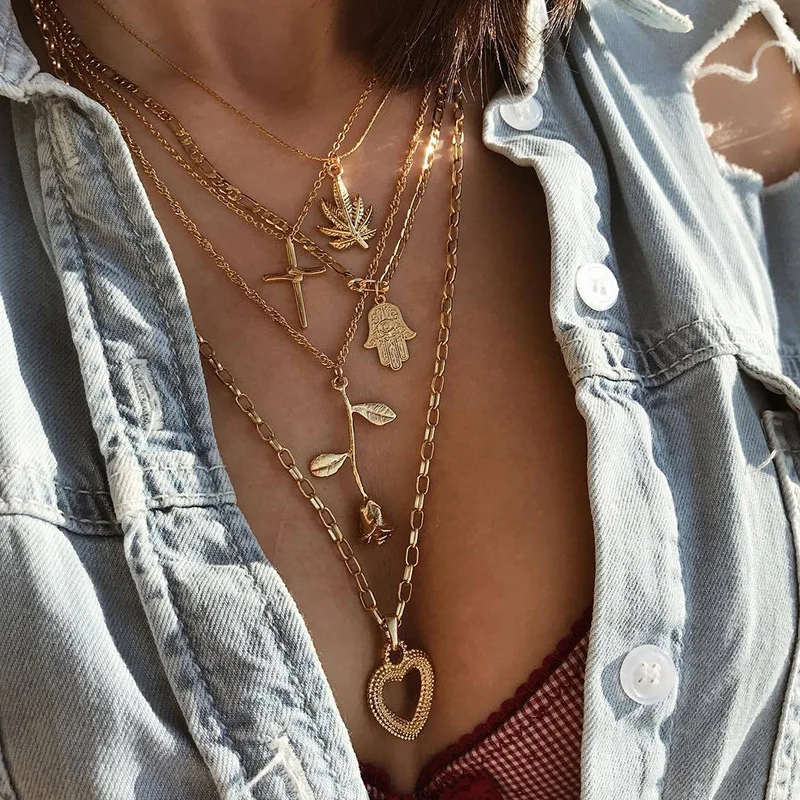

2019 Europe And America New Style Cool Cross World Map Turquoise Combination Three Layer Necklace