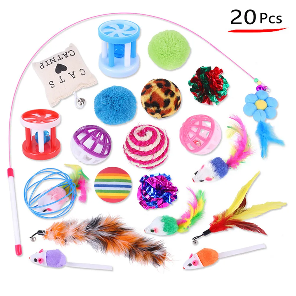 

Kitten Toys Variety Pack Interactive Cat Toy 20pcs/set Pet Toys Combination Set Sisal Mouse Bells Balls Kitty Funny Cats Stick