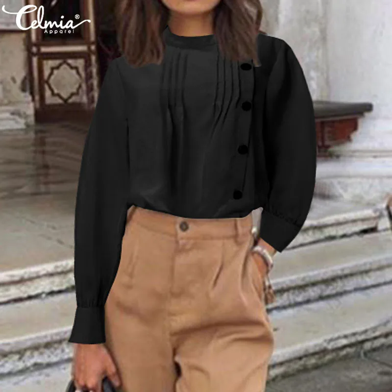 

Celmia Plus Size Women OL Tops Casual Long Sleeve Solid Tunic Shirt Elegant Blouse Plus Size Ladies OAsymmetrical Buttons Blusas