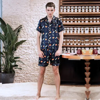 

2020 Men's Stain Silk Pajamas Sets Classic Style Fruit Leaf Printed Nightwear for Men Spring Short Sleeve Homewear Sets