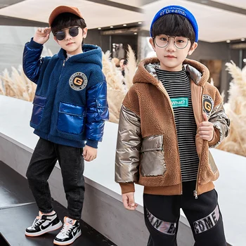 

HOT Baby boys winter coat Contrast stitching wool sweater parka 4-13 years old thick winter hooded padded trench boys clothes
