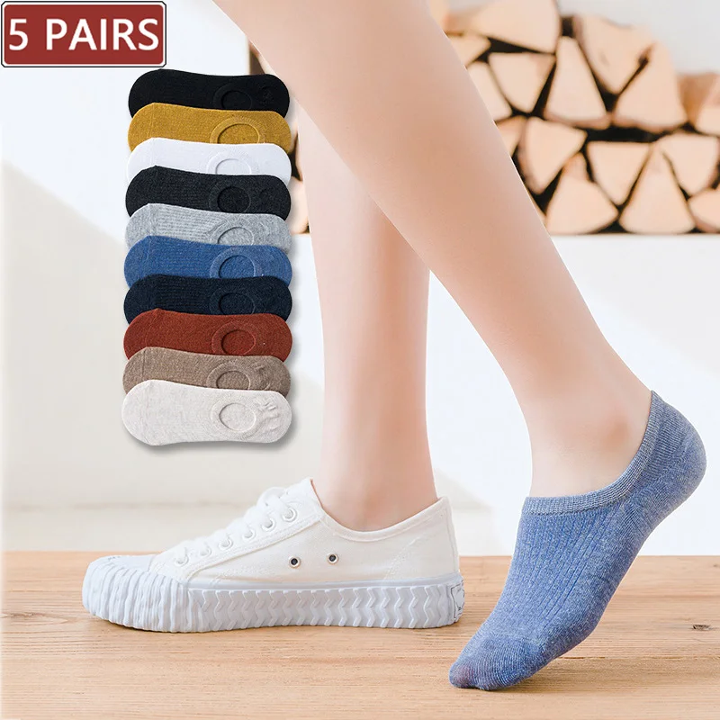 5 Pairs Woman Silicone Non-slip Invisible Socks Summer  Cotton Ankle Solid Color Boat Women's Slippers 35-40EUR Short Socks Lot