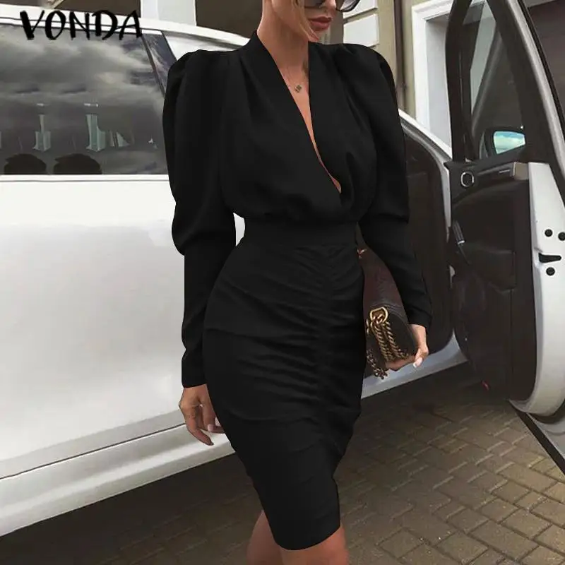 

VONDA Knee-Length Party Dress 2020 Spring Summer Women Sexy V Neck Slim Dress Office Ladies Vestidos Plus Size Casual Sundress