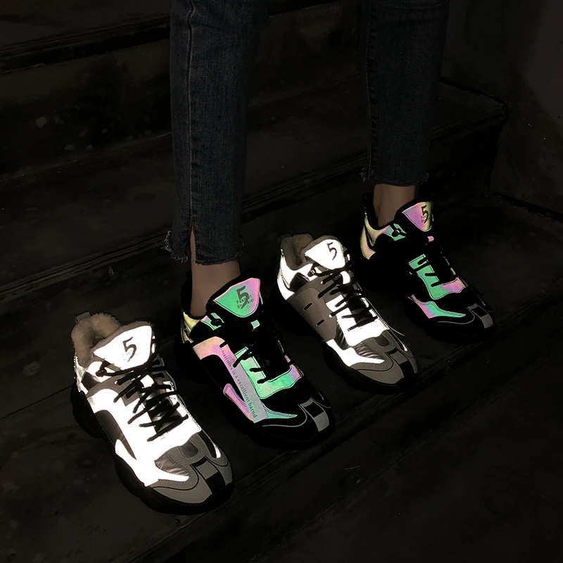 

Lace-up Sneakers Women Casual Flats Rubber Ladies Reflective Shoes Round Toe Platform Shoes Women Vulcanized Shoes Woman Autumn
