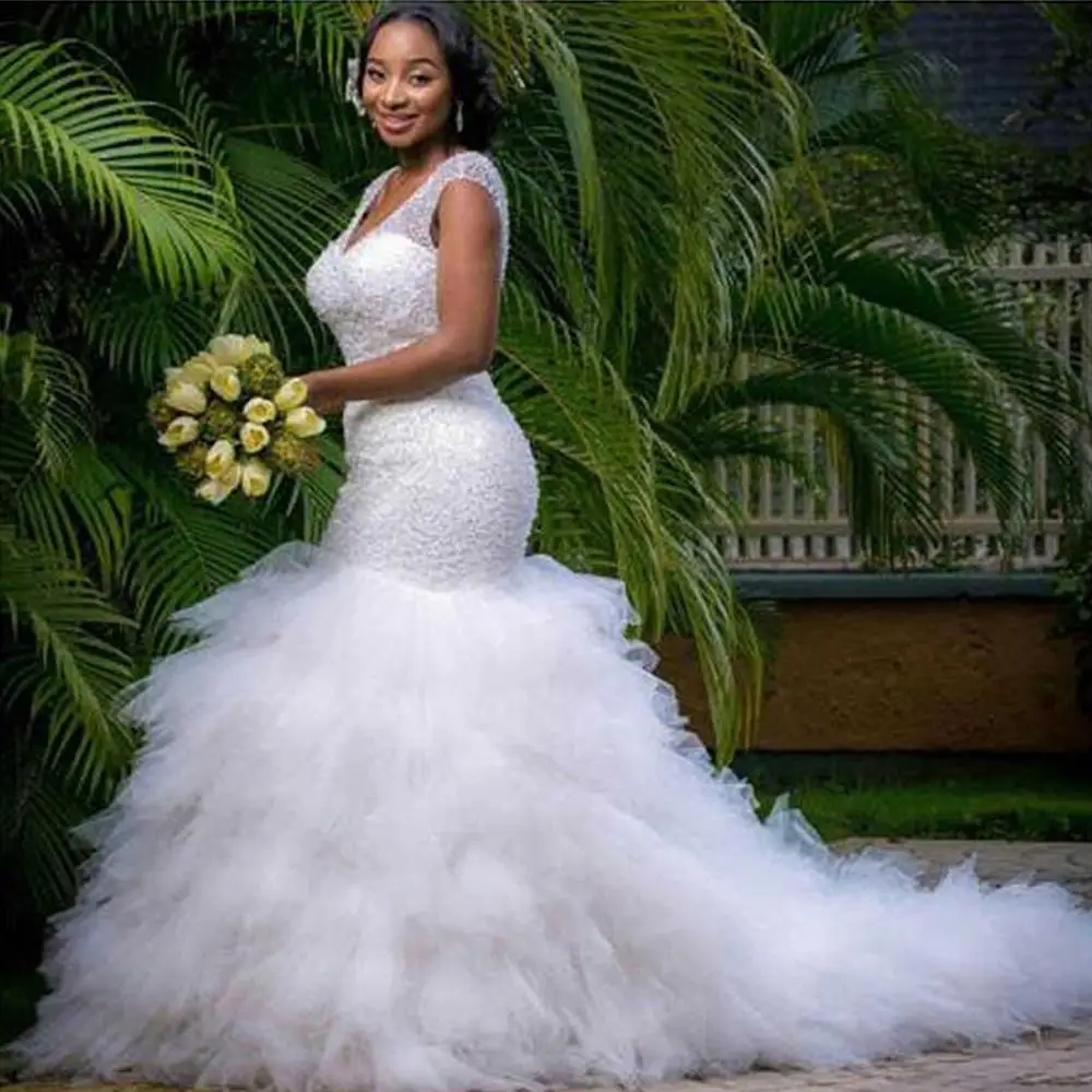 

Luxurious Sequin Tulle Mermaid Dress Crystal African Beaded Applique Wedding Dresses Tiered Ruffle Bridal Gowns Formal Robe
