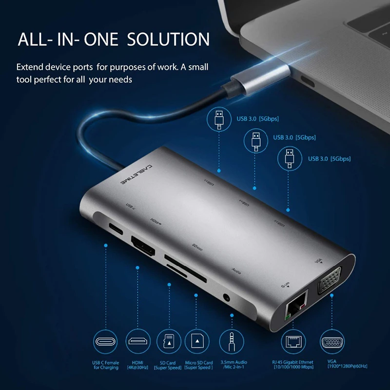  CABLETIME USB C HUB HDMI RJ45 USB3.0 Adapter 10 in 1 Type C HUB VGA SD Card Reader Type C Power Del