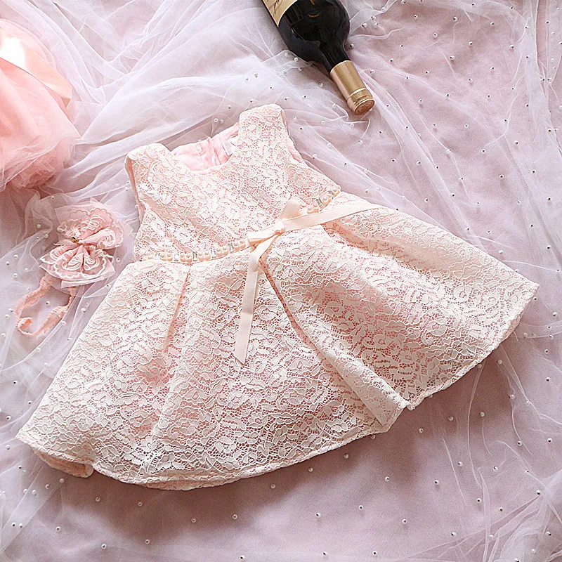 Комплект из 2 предметов, платья для маленьких девочек Розовое Кружевное платье принцессы для крещения, платье для первого дня рождения, платье для крещения новорожденных девочек