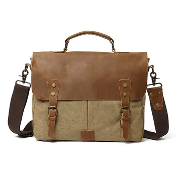 

Mens Messenger Bag 15 Inch Waterproof Vintage Genuine Leather Waxed Canvas Briefcase Large Satchel Shoulder Bag
