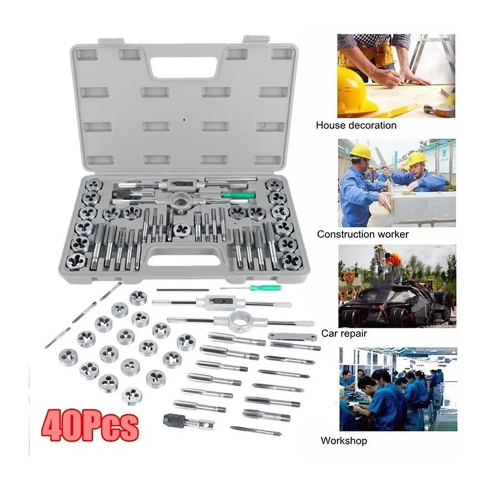 

40Pcs M3-M12 Steel Screw Nut Tap & Die Set With Wrenches & Thread Gauge Heavy Duty Hand Threading Tools